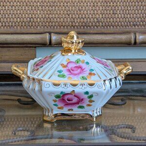 Russian USSR Handmade Porcelain GZHEL Гжель Pink Gold Sugar Bowl Dish With Lid